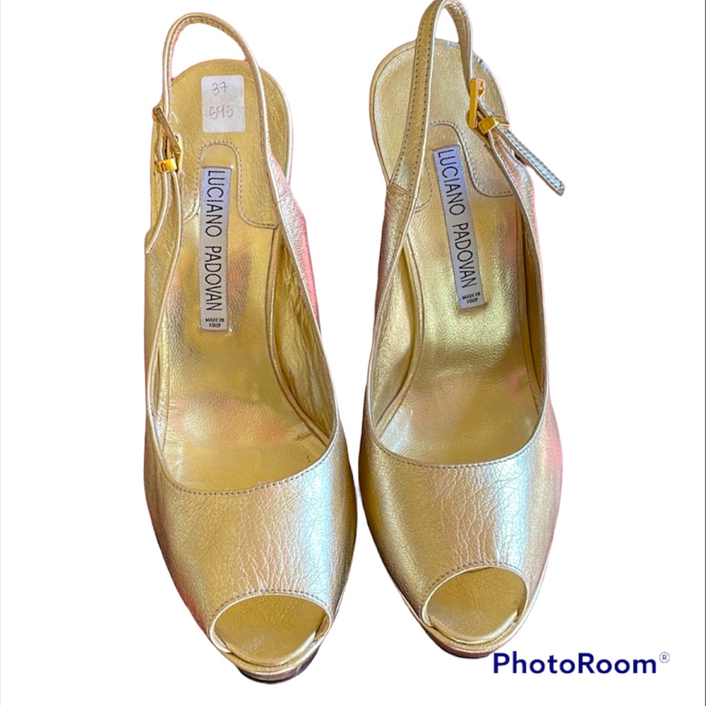 Luciano Padovan Gold Leather, Peep Toe Platforms, Size 37